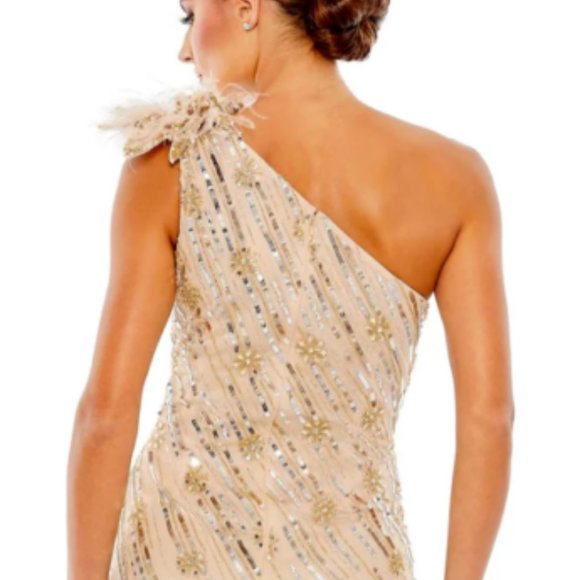 MAC DUGGAL ROSETTE SEQUIN CRYSTAL ONE SHOULDER NUDE GOLD GOWN sz 12 - Picture 5 of 8